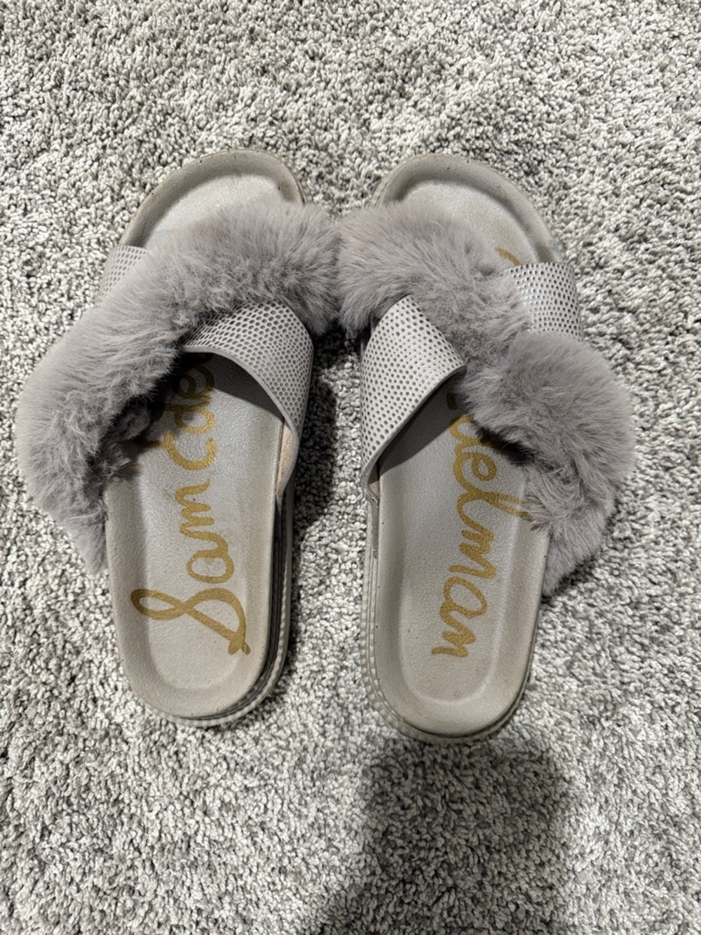 Sam Edelman Light Gray Faux-Fur Slide Sandals